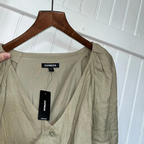 Express l NWT Linen-Blend Button Up Tie Waist Romper Elm Green Size Large - Picture 6 of 6